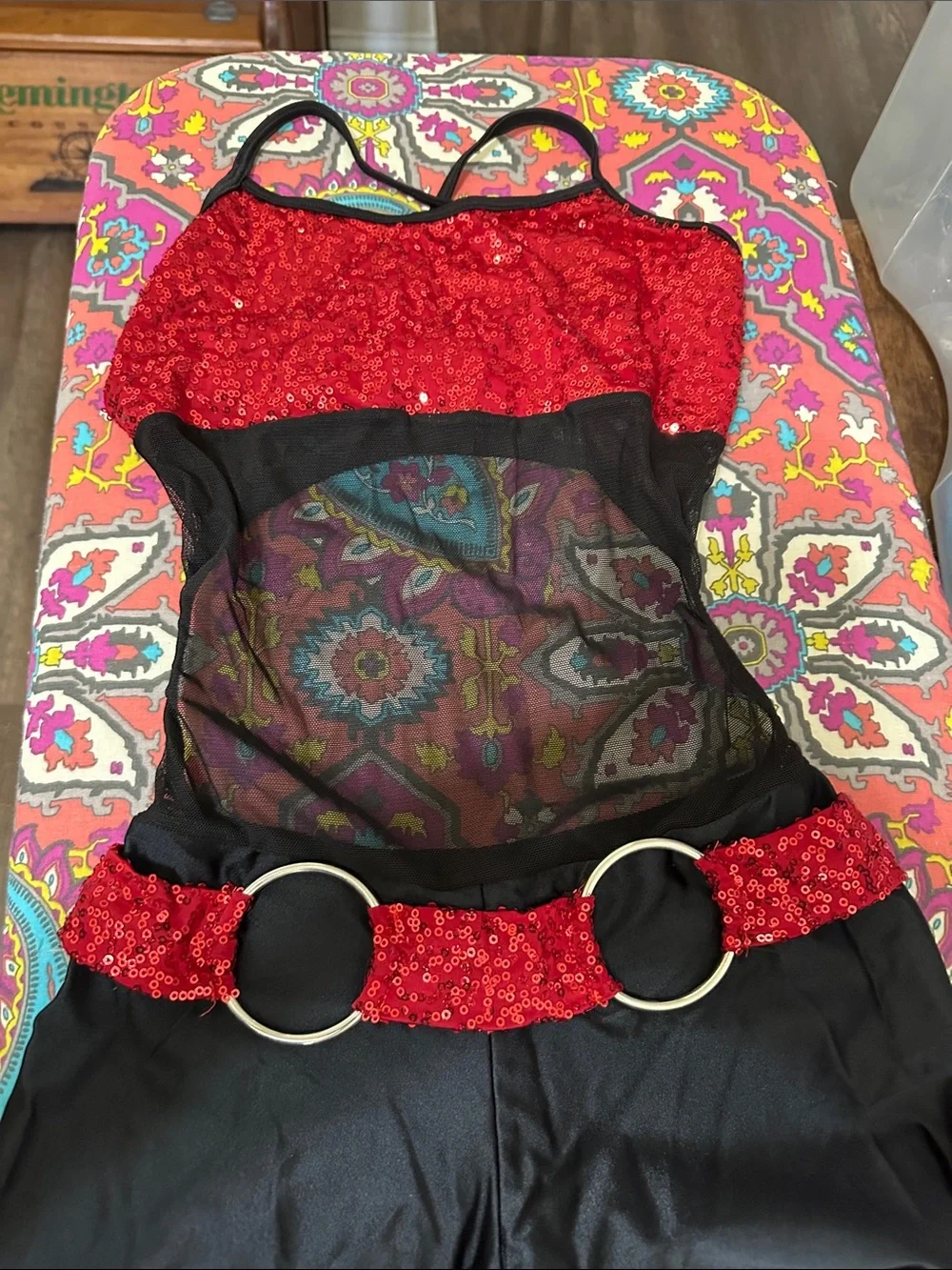 Competition Dance Costume Red & Black Sequin Cutout Jumpsuit w/ Belt (YL)